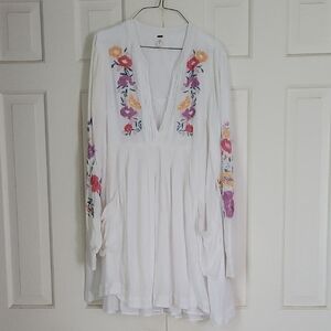 Free People White Gauzy Mini Dress Long Sleeve Sz S Boho Hippie Gypsy